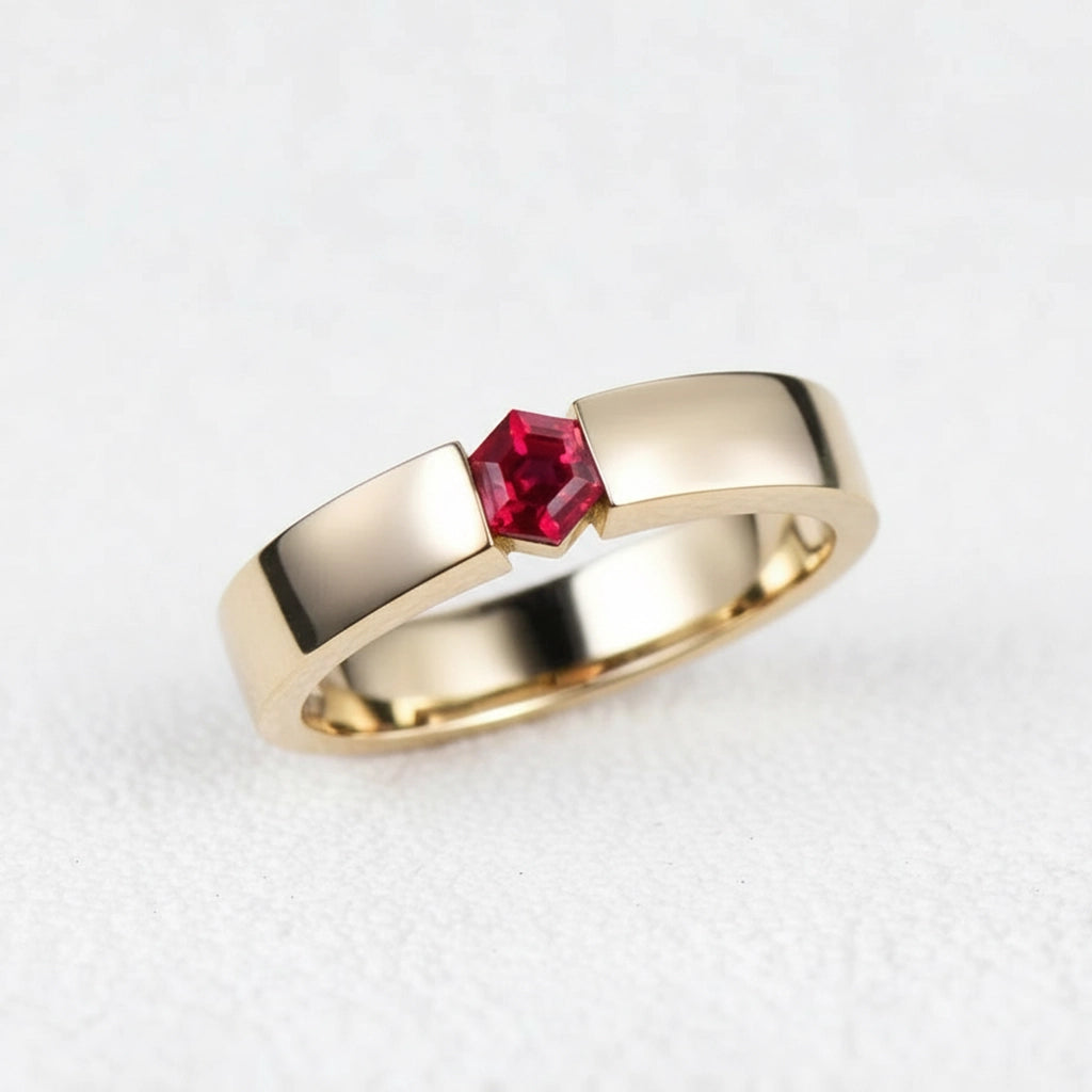 Ruben’s Hexagon | Ruby Tension Set Men's Wedding Band.