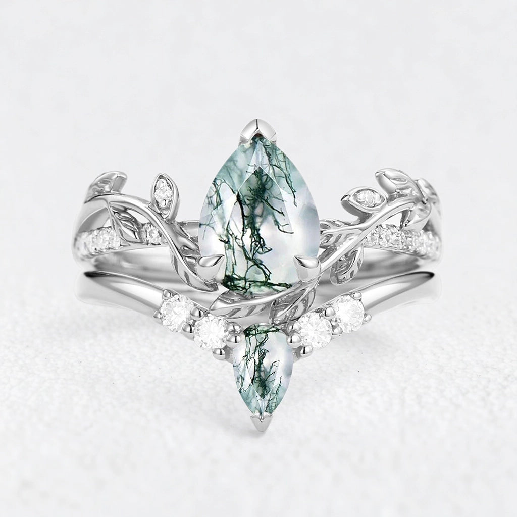 Genevieve’s Foliage | Pear Moss Agate & Moissanite Foliage Bridal Duo