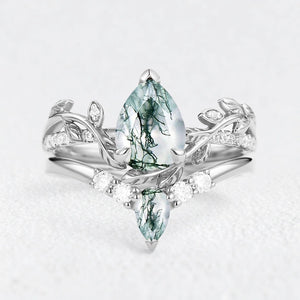 Genevieve’s Foliage | Pear Moss Agate & Moissanite Foliage Bridal Duo