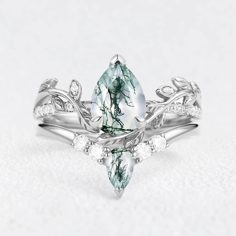 Genevieve’s Foliage | Pear Moss Agate & Moissanite Foliage Bridal Duo