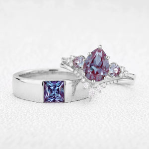 Sylvie’s Mirage | Alexandrite Pear Cluster & Princess Band Couple Set 3pcs