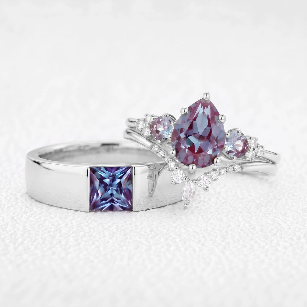 Sylvie’s Mirage | Alexandrite Pear Cluster & Princess Band Couple Set 3pcs