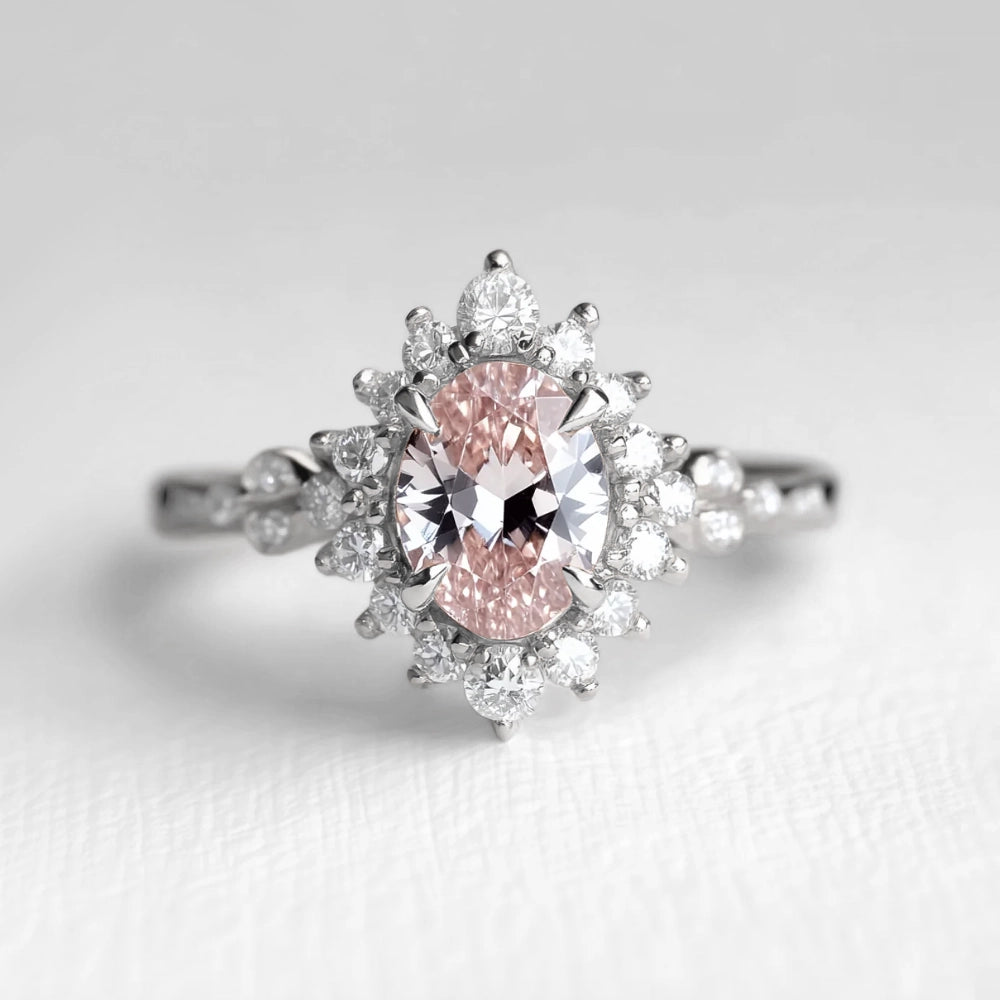Lyra’s Halo | 1CT Oval Cut Pink Sapphire Halo Engagement Ring.