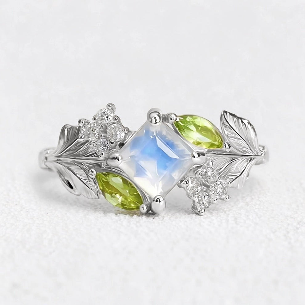 The Courtyard Garden Ring – Square Moonstone & Diamond Accents.