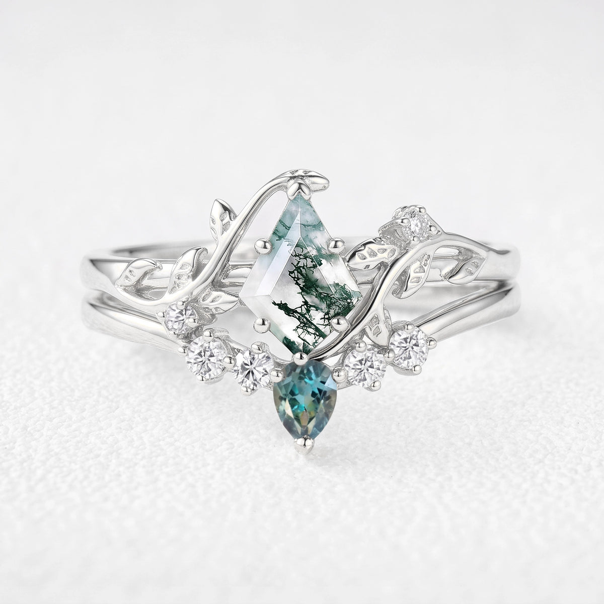 Sylvie’s Bower | Kite Cut Moss Agate & Teal Sapphire Foliage Bridal Duo