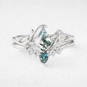 Sylvie’s Bower | Kite Cut Moss Agate & Teal Sapphire Foliage Bridal Duo