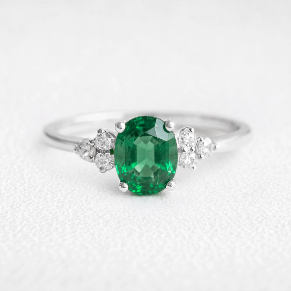 Alexandra’s Verdure | 1.5CT Oval Emerald & Diamond Cluster Engagement Ring