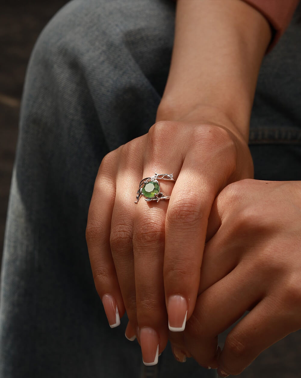 Stack Moss Agate Leaf Engagement Ring