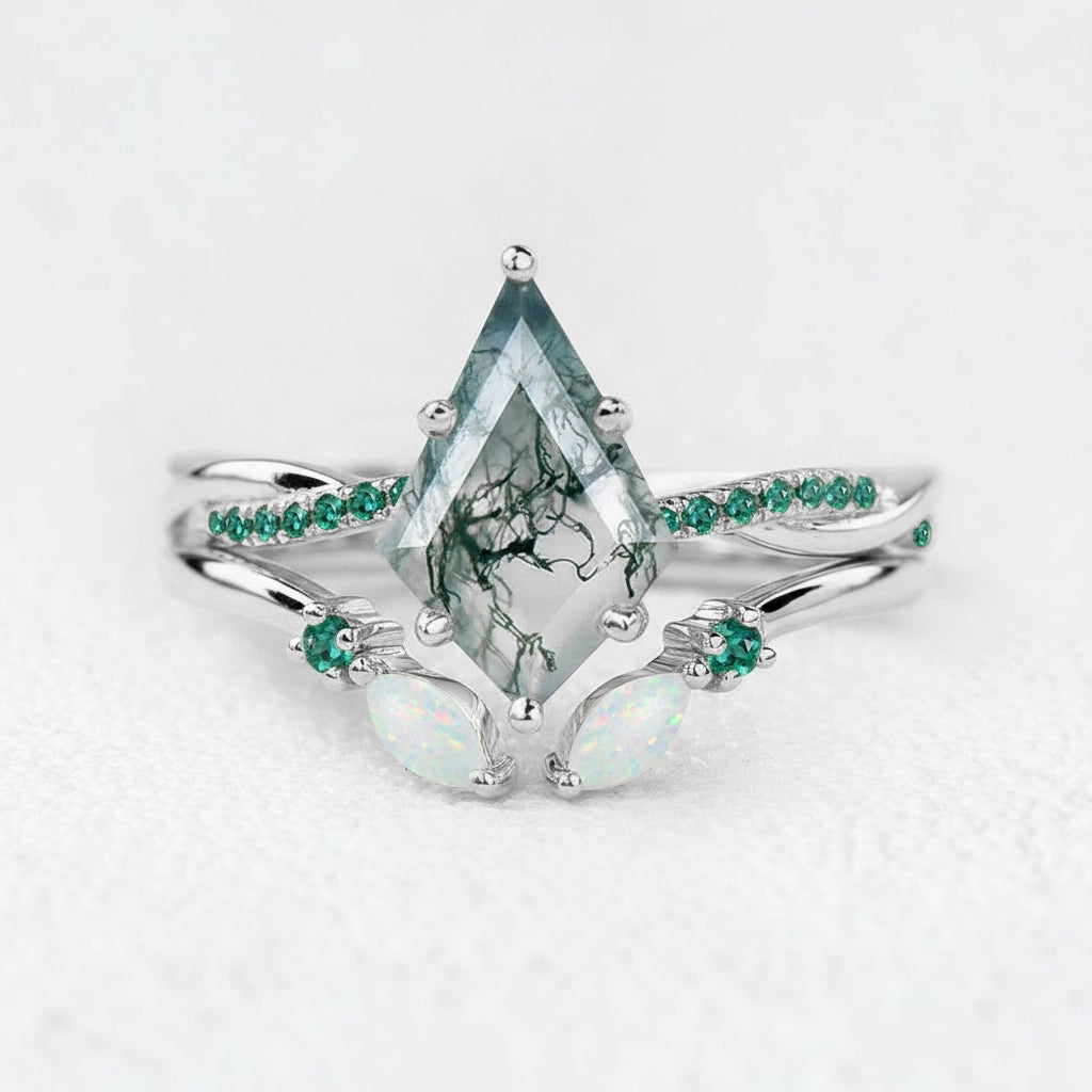 Isadora’s Mosaic | Kite Cut Moss Agate, Emerald & Opal Bridal Set 2pcs