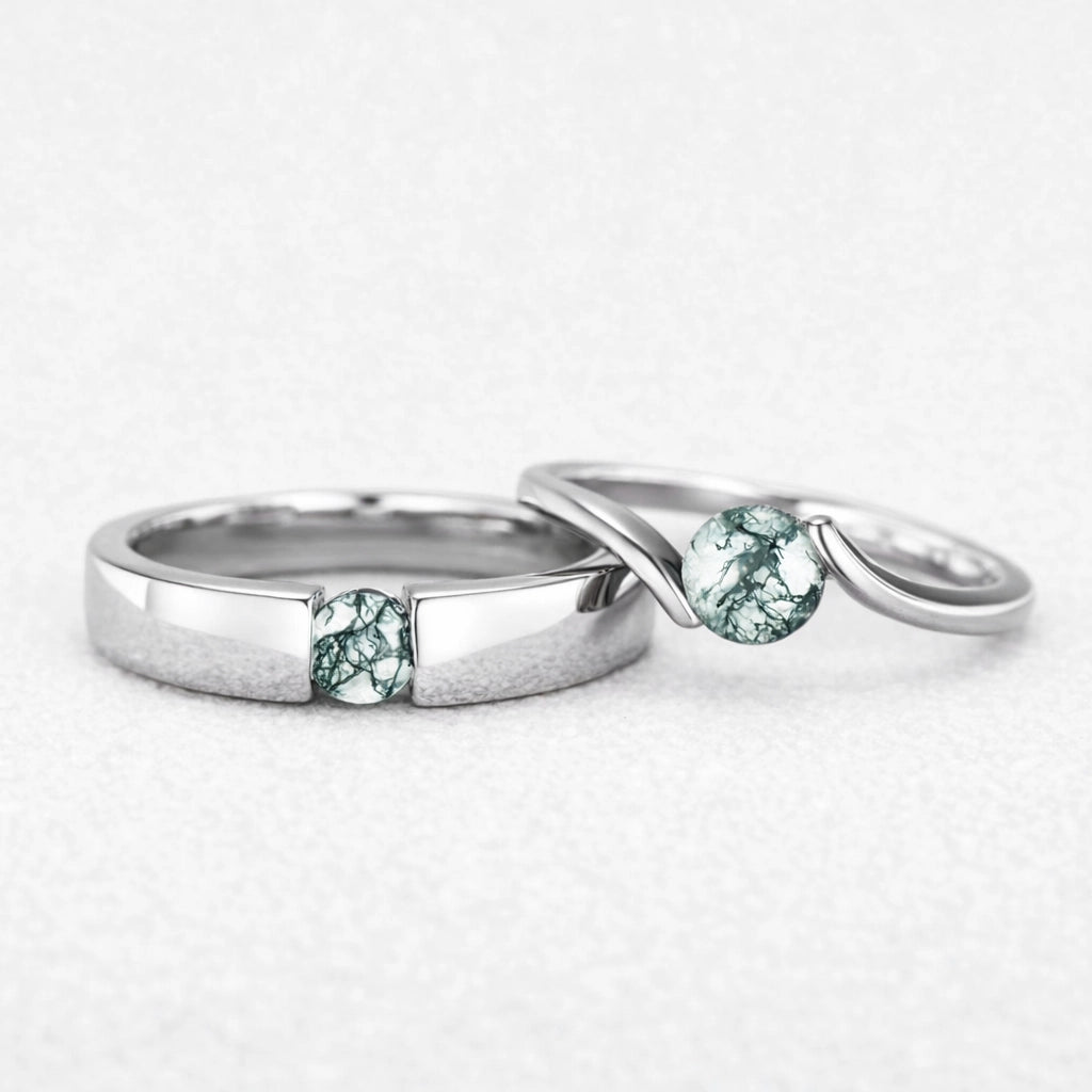 One Stone Duo | Round Moss Agate Couple Ring Set 2pcs.