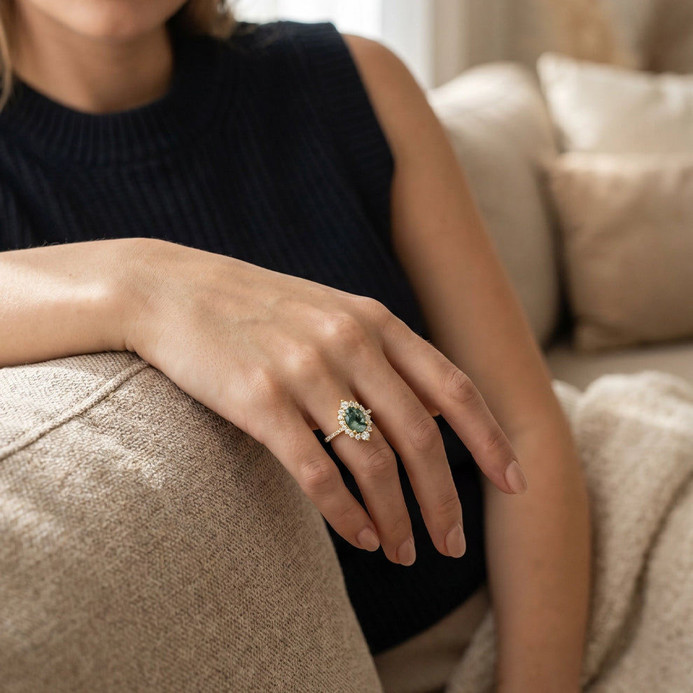 Sylvie’s Dew | Oval Moss Agate Engagement Ring with Diamond Halo & Band Accents.