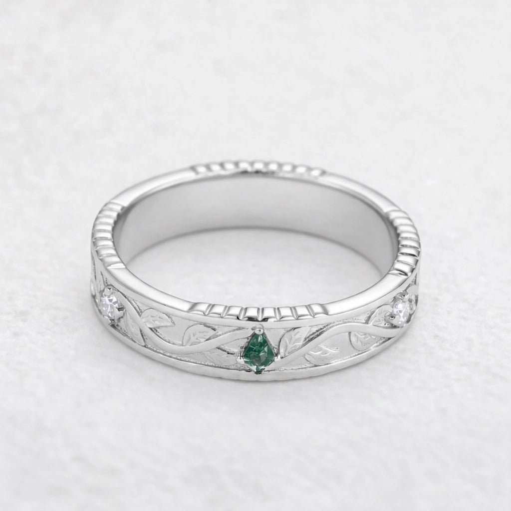 Fourfold Bond | Kite Cut Moss Agate & Black Moissanite Couple Ring Set 4pcs.