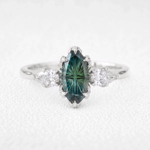 Artemis’s Viridian | Fantasy-Cut Marquise Green Sapphire Three-Stone Engagement Ring