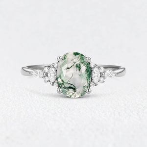 Sylvie’s Dew | Classic Oval Moss Agate Engagement Ring with Diamond Accents