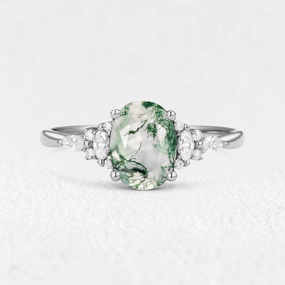 Sylvie’s Dew | Classic Oval Moss Agate Engagement Ring with Diamond Accents