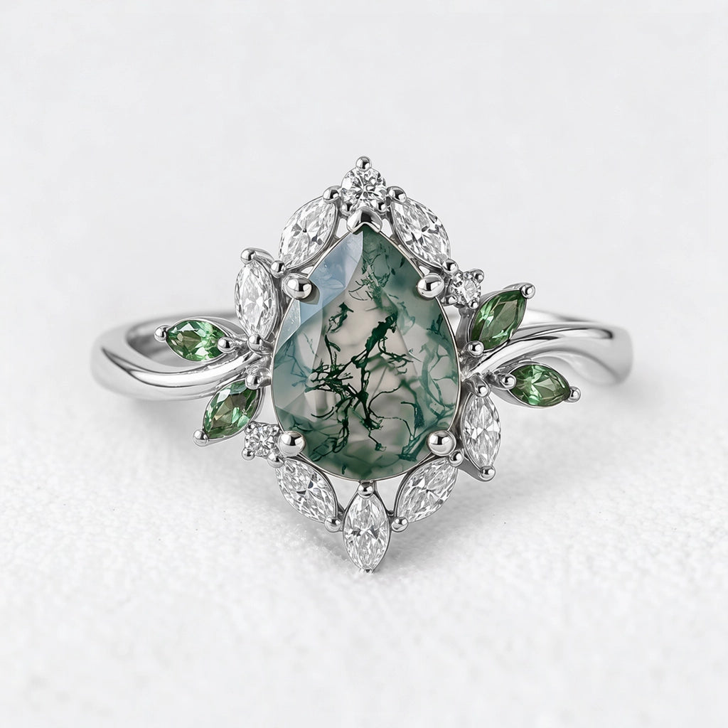 Daphne's Bloom | Pear Moss Agate & Diamond Cluster Engagement Ring