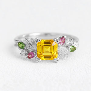 Flora’s Honey | Yellow Asscher Cut Tourmaline Leafy Engagement Ring