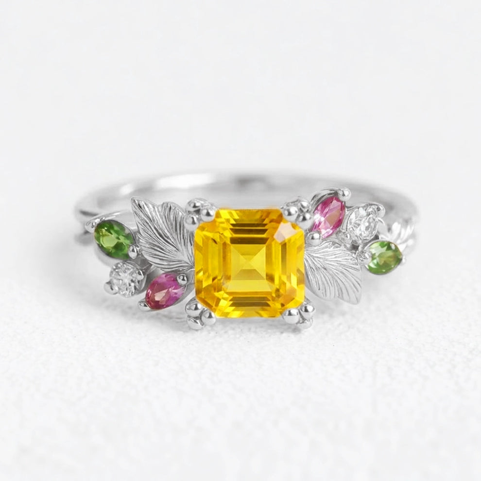 Flora’s Honey | Yellow Asscher Cut Tourmaline Leafy Engagement Ring.