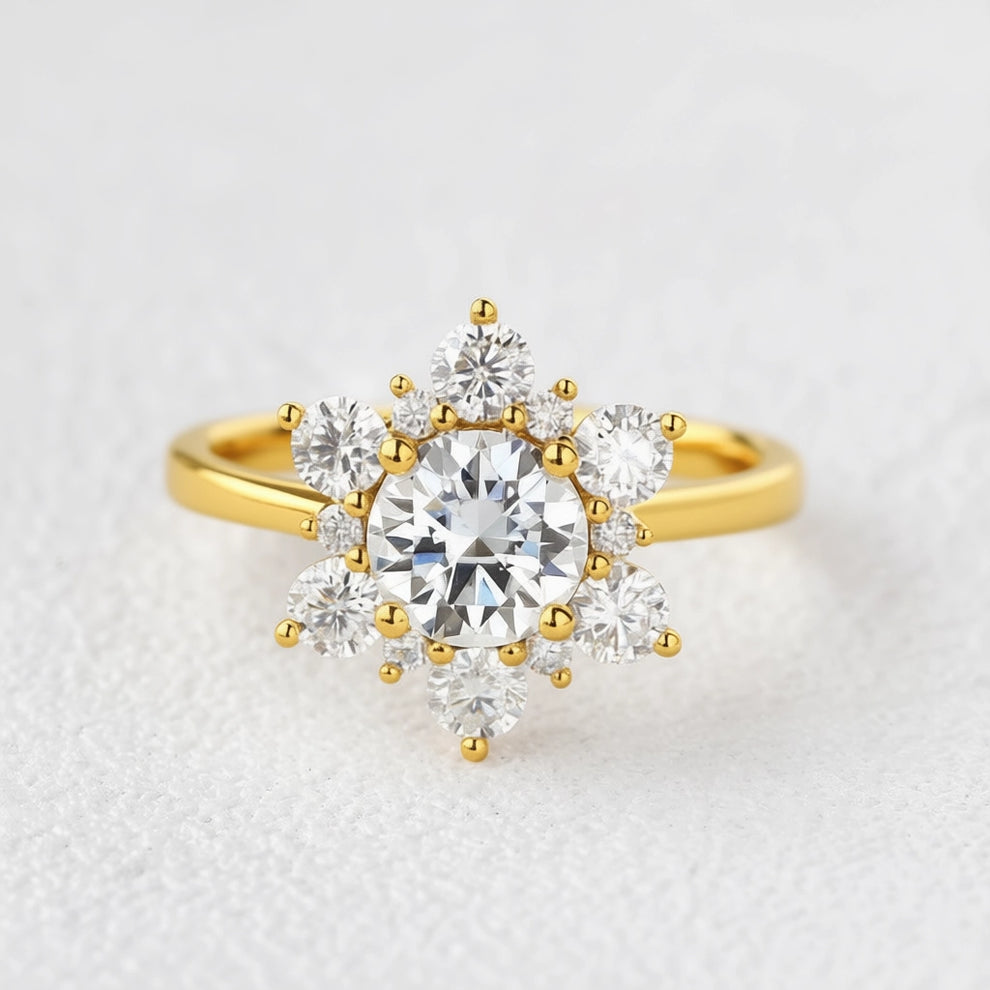 Snowflake Shaped Moissanite Art deco White Gold Ring.