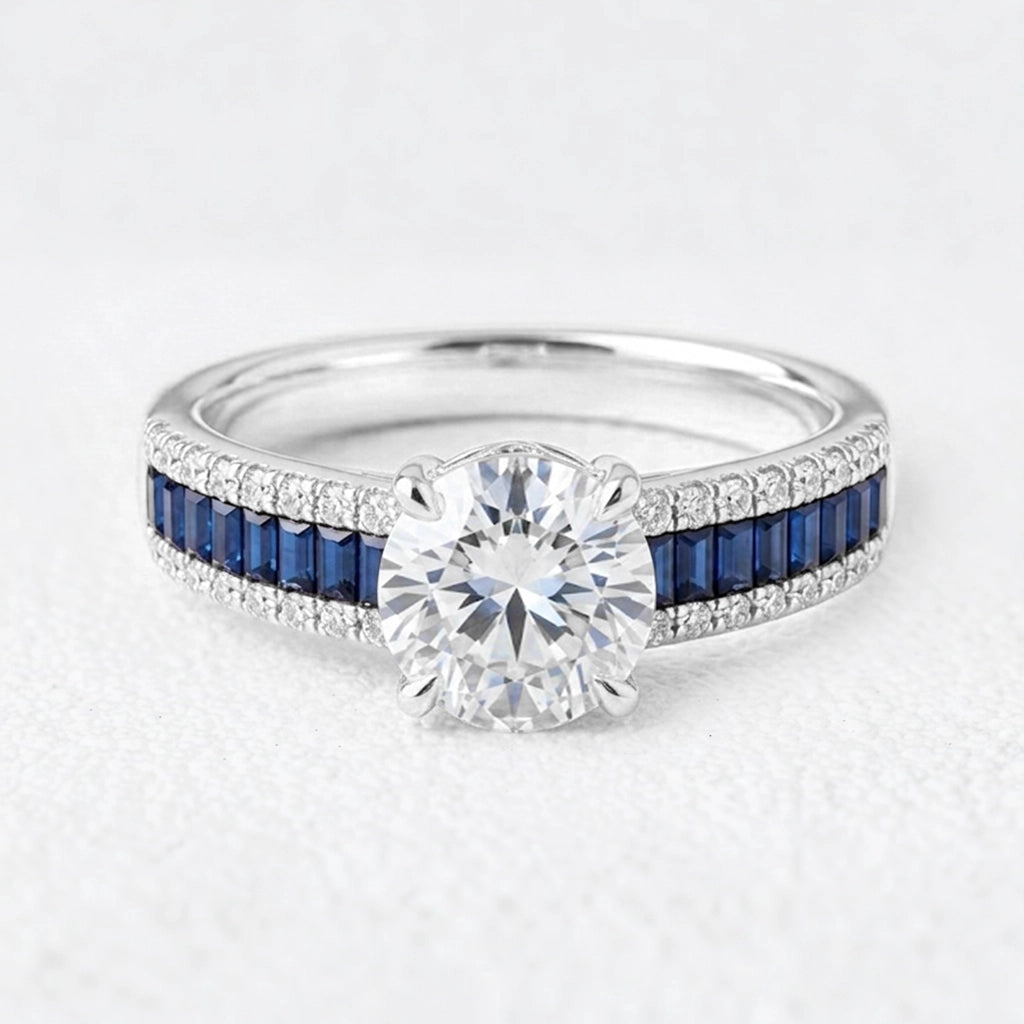 Aurora's Tide | 1CT Round Diamond & Blue Baguette Engagement Ring