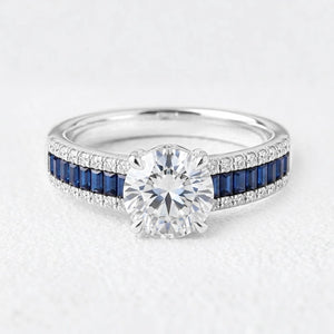 Aurora's Tide | 1CT Round Diamond & Blue Baguette Engagement Ring