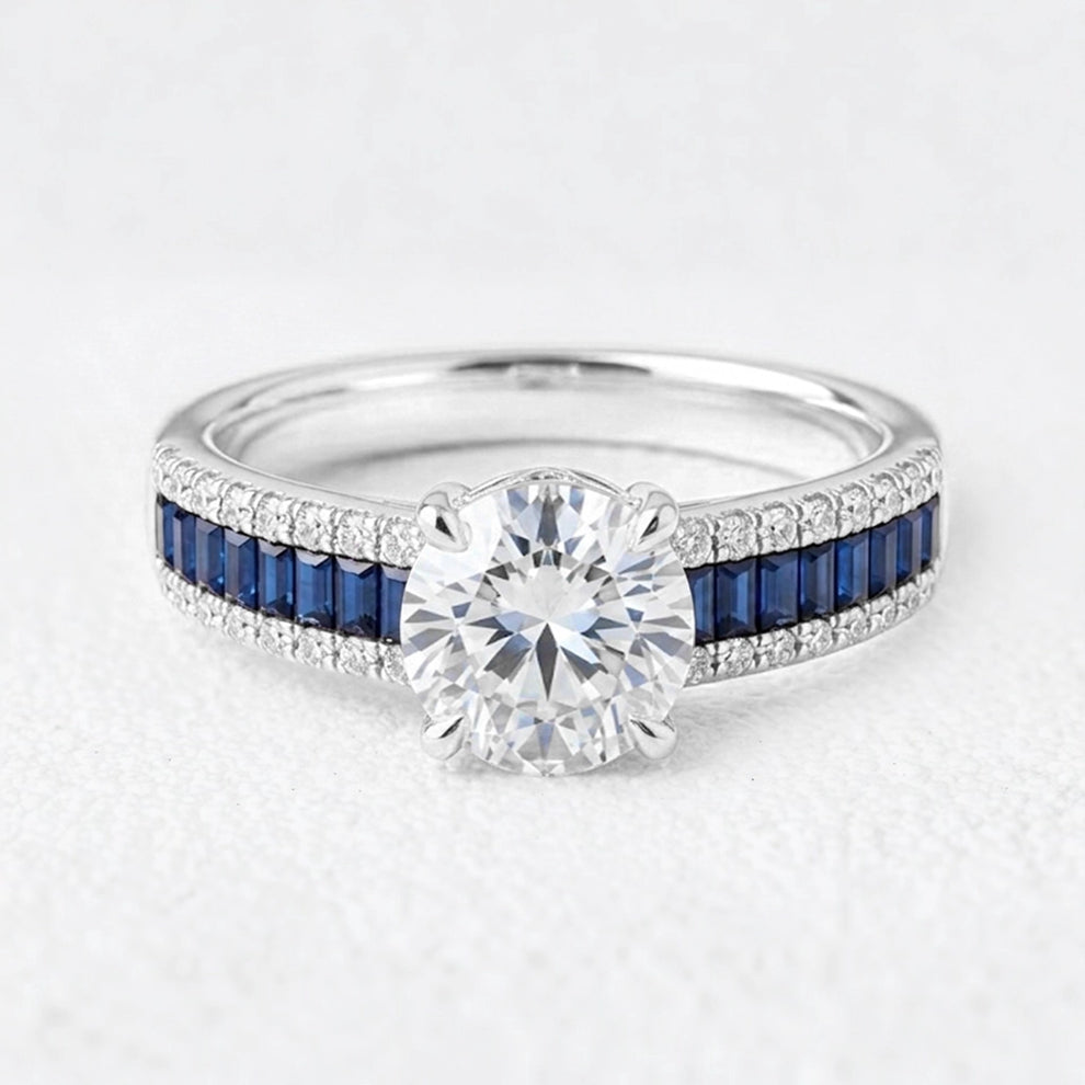 Aurora's Tide | 1CT Round Diamond & Blue Baguette Engagement Ring