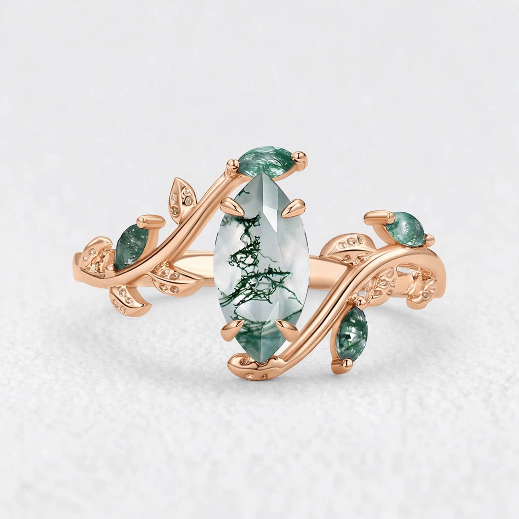 Isadora’s Garland | Vintage Marquise Moss Agate Engagement Ring