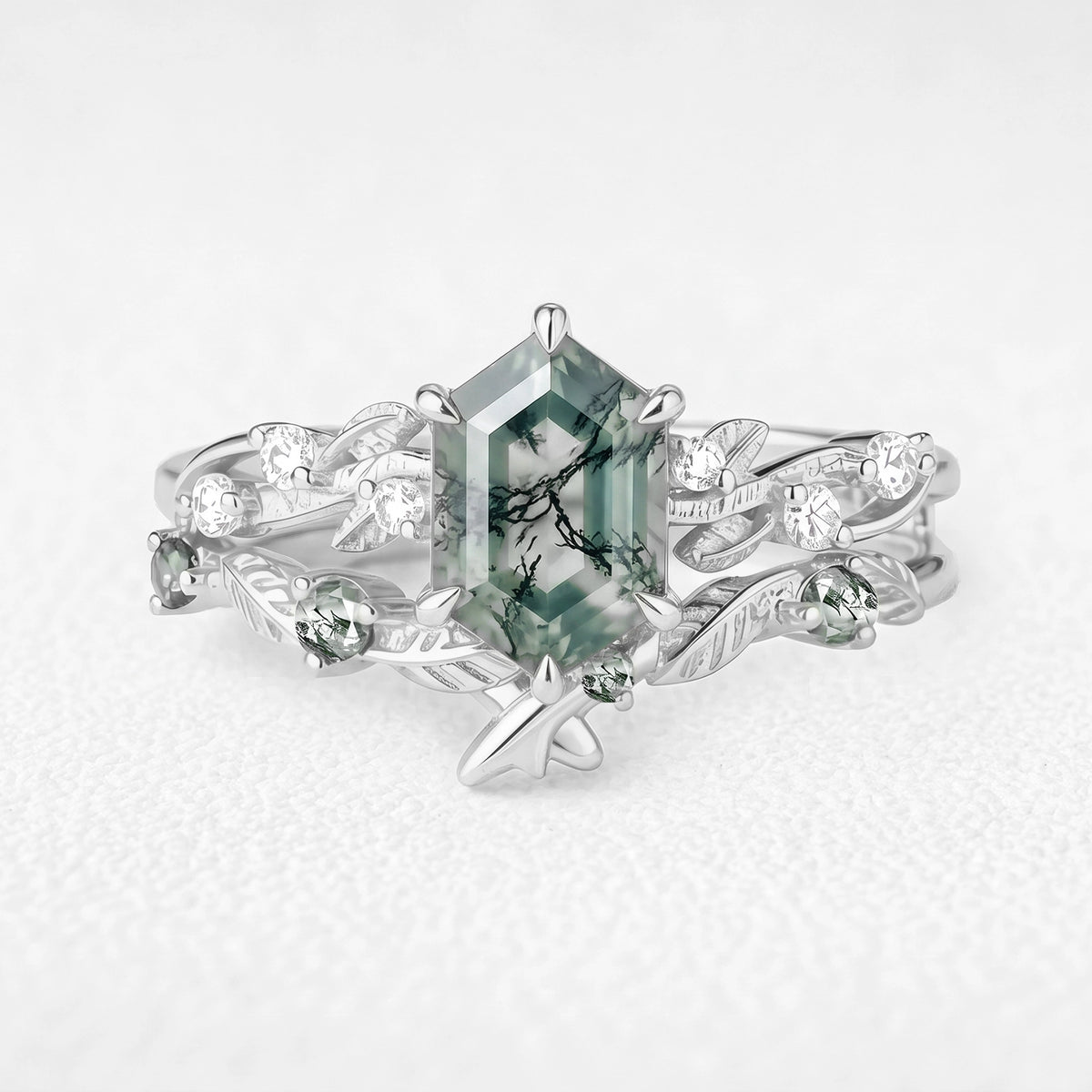 Clarissa’s Frond | Hexagon Cut Moss Agate Leafy Bridal Set 2pcs