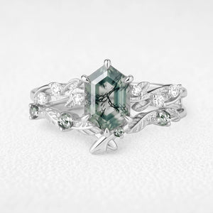 Clarissa’s Frond | Hexagon Cut Moss Agate Leafy Bridal Set 2pcs
