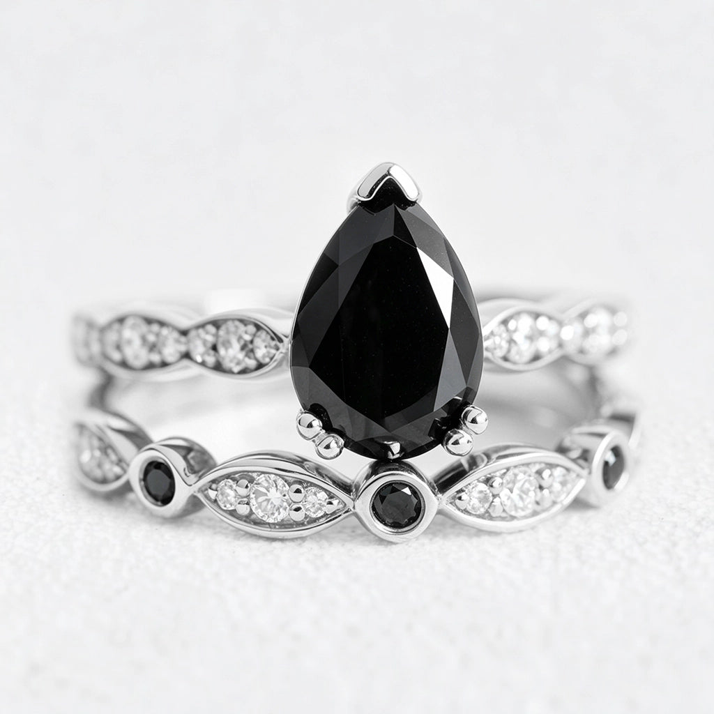 Grace’s Eclipse | Pear Black Diamond Solitaire & Bezel Wedding Band Bridal Set 2pcs.