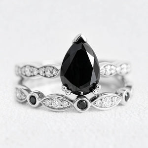 Grace’s Eclipse | Pear Black Diamond Solitaire & Bezel Wedding Band Bridal Set 2pcs.