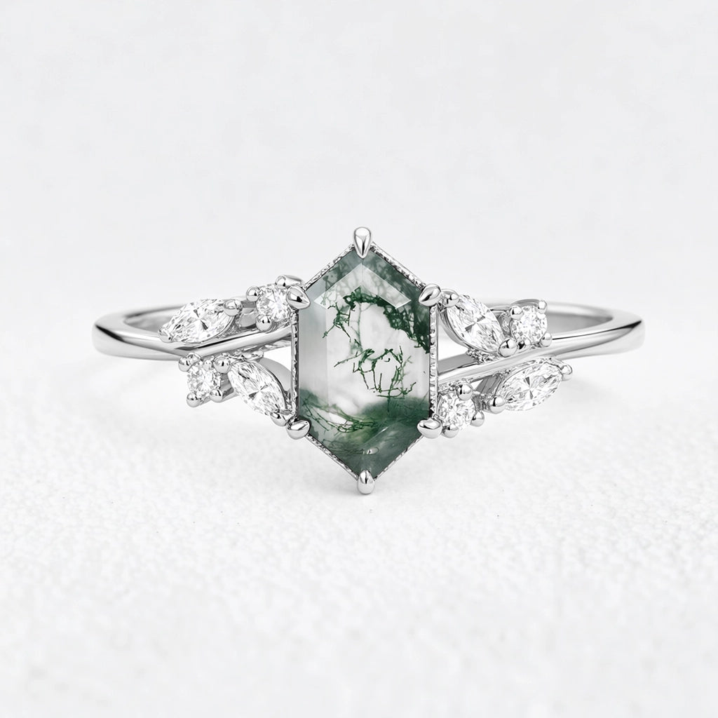 Genevieve’s Grove | Vintage Hexagon Moss Agate Engagement Ring