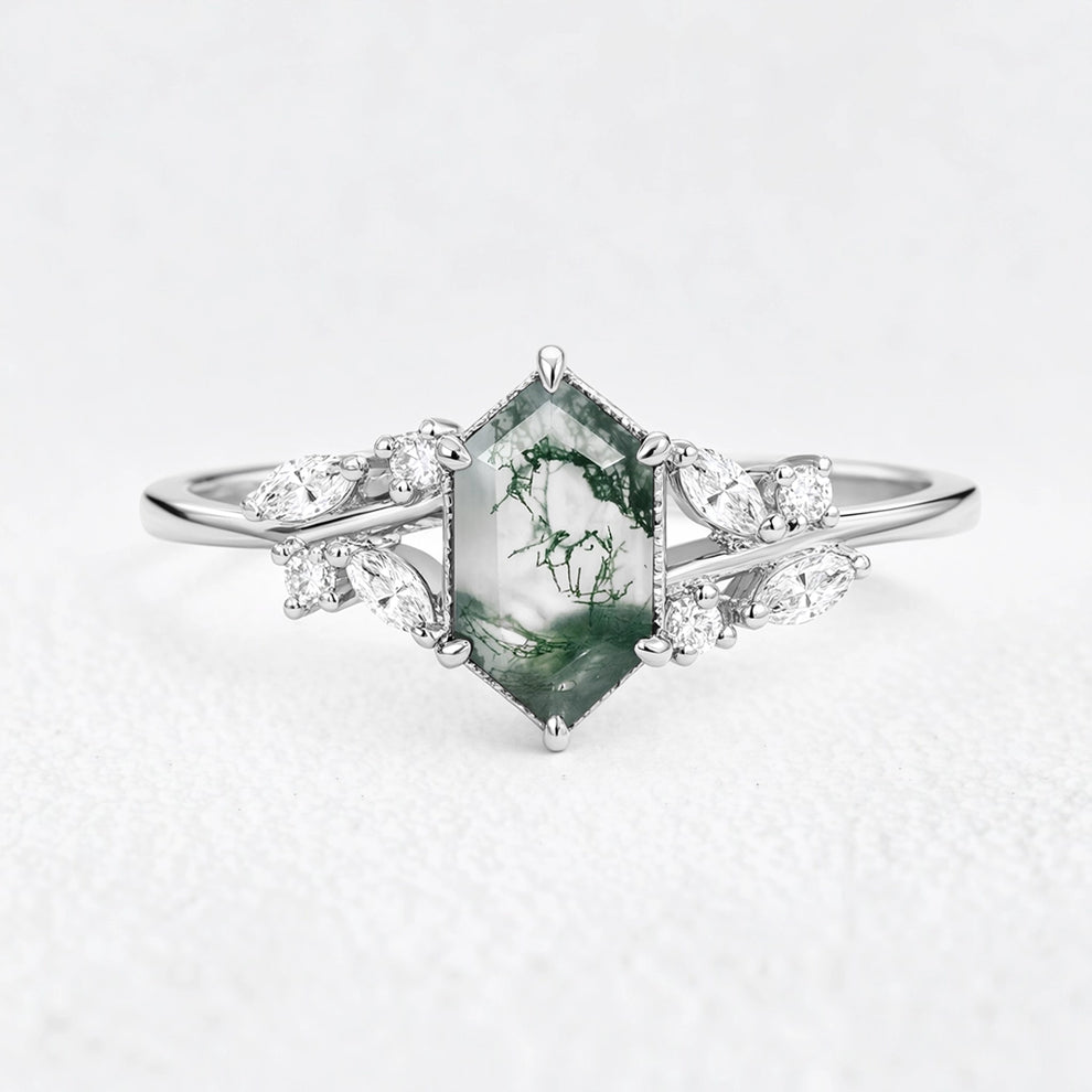 Genevieve’s Grove | Vintage Hexagon Moss Agate Engagement Ring