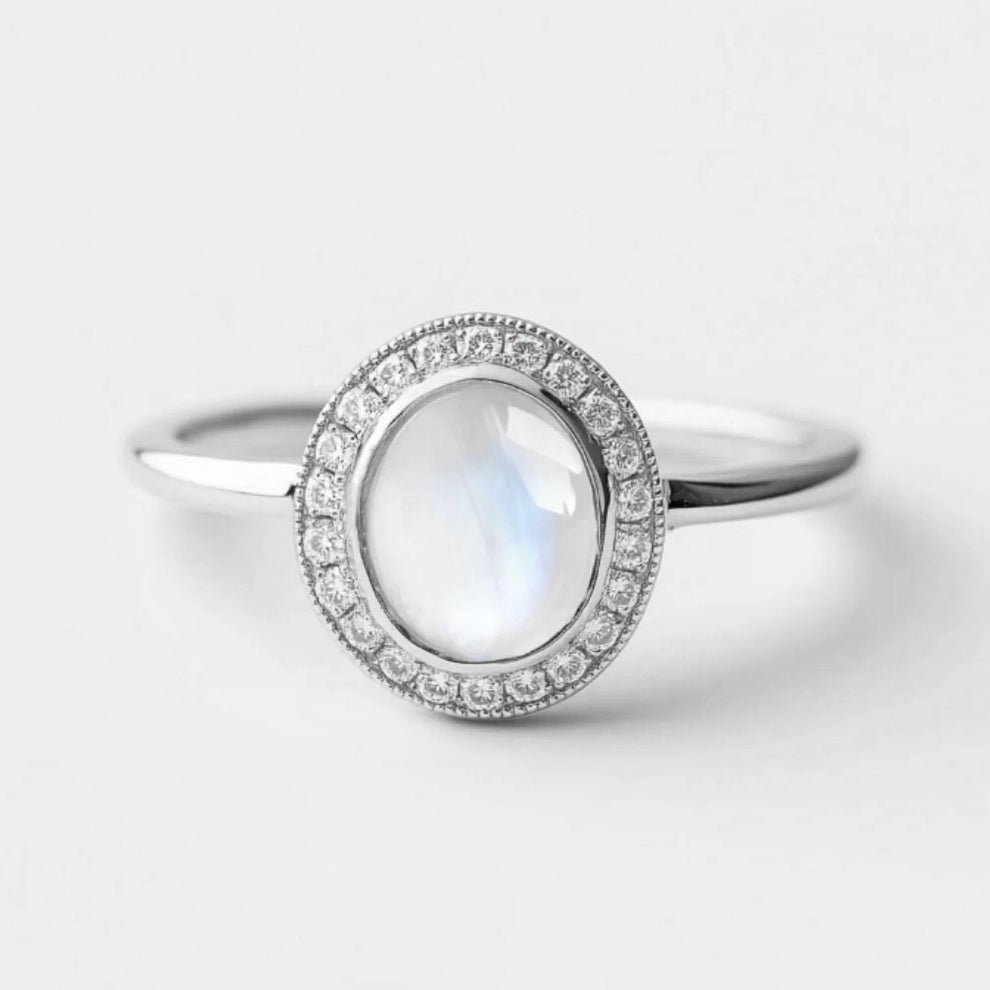 Celia’s Aureole | Classic Moonstone Halo Engagement Ring.