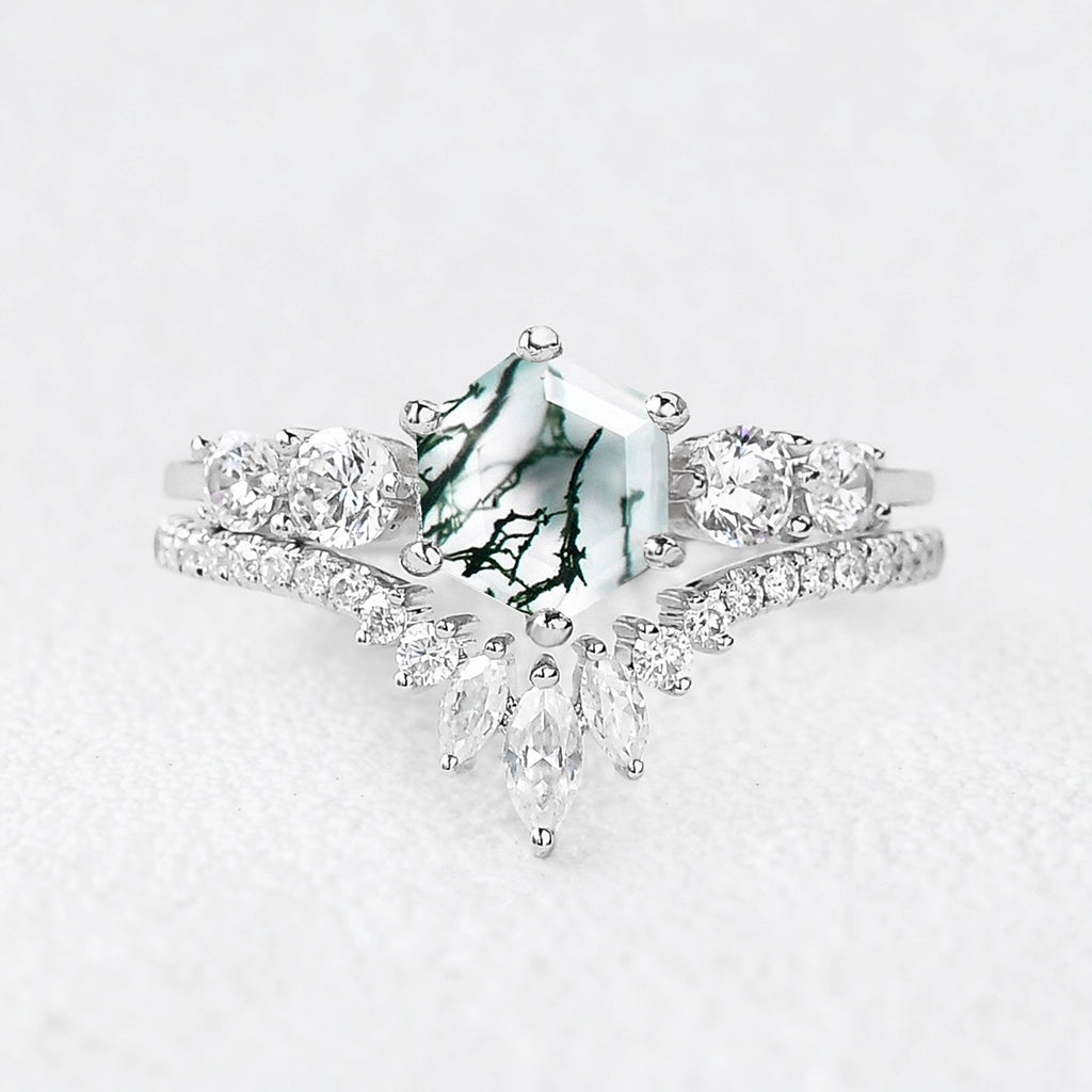 Genevieve’s Imprint | Hexagon Cut Moss Agate Cluster Bridal Duo