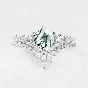 Genevieve’s Imprint | Hexagon Cut Moss Agate Cluster Bridal Duo