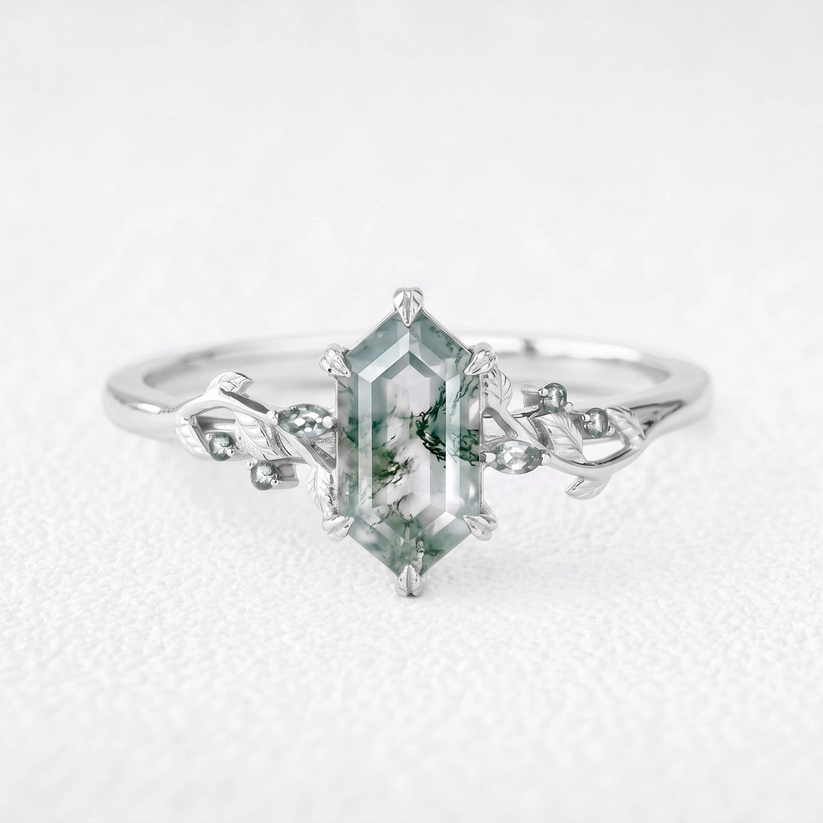 Celandine’s Twine | Elongated Hexagon Cut Moss Agate Foliage Engagement Ring