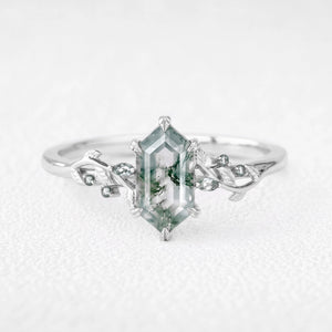 Celandine’s Twine | Elongated Hexagon Cut Moss Agate Foliage Engagement Ring