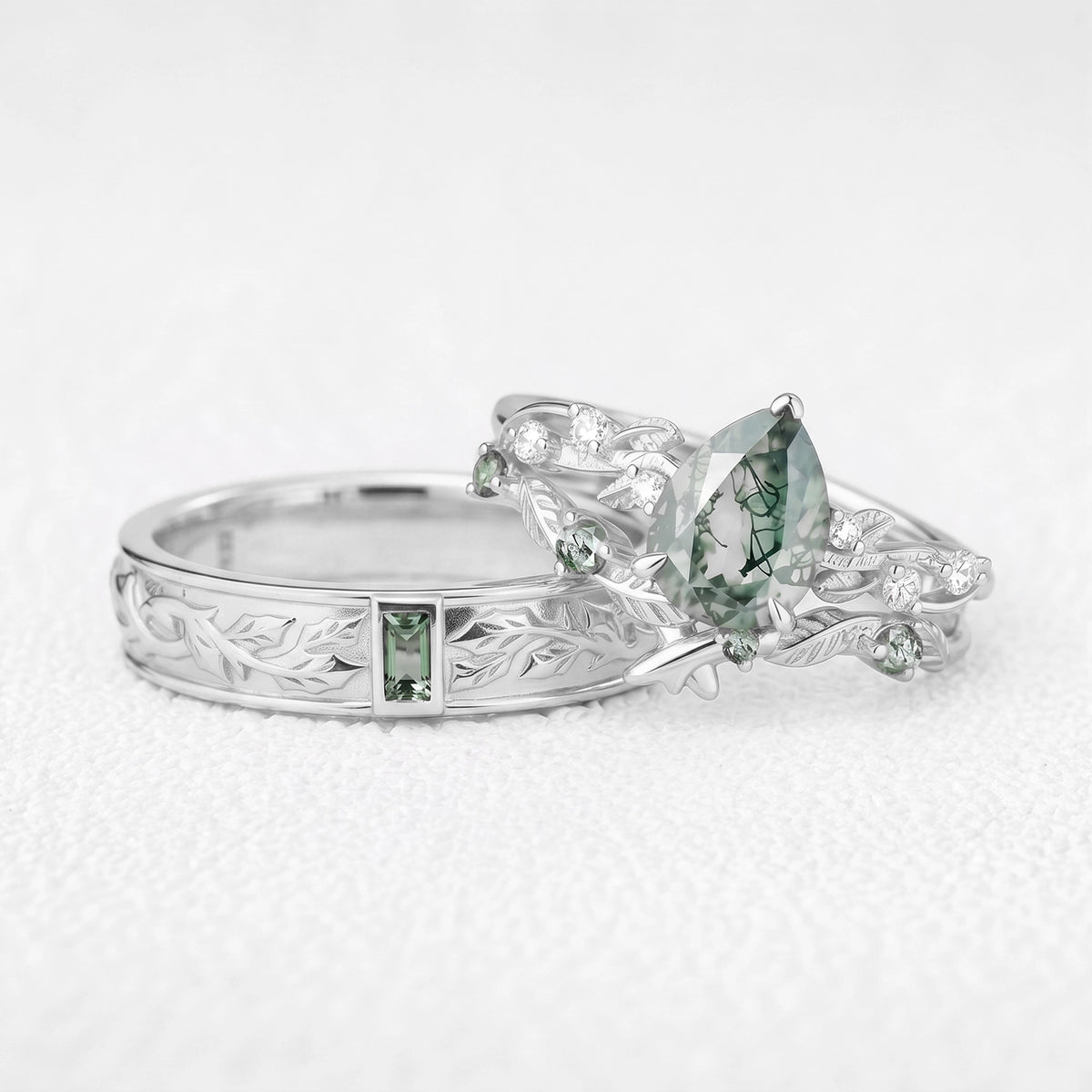 Clarissa’s Constellation | Pear Moss Agate & Green Sapphire Couple Ring Set