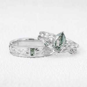 Clarissa’s Constellation | Pear Moss Agate & Green Sapphire Couple Ring Set