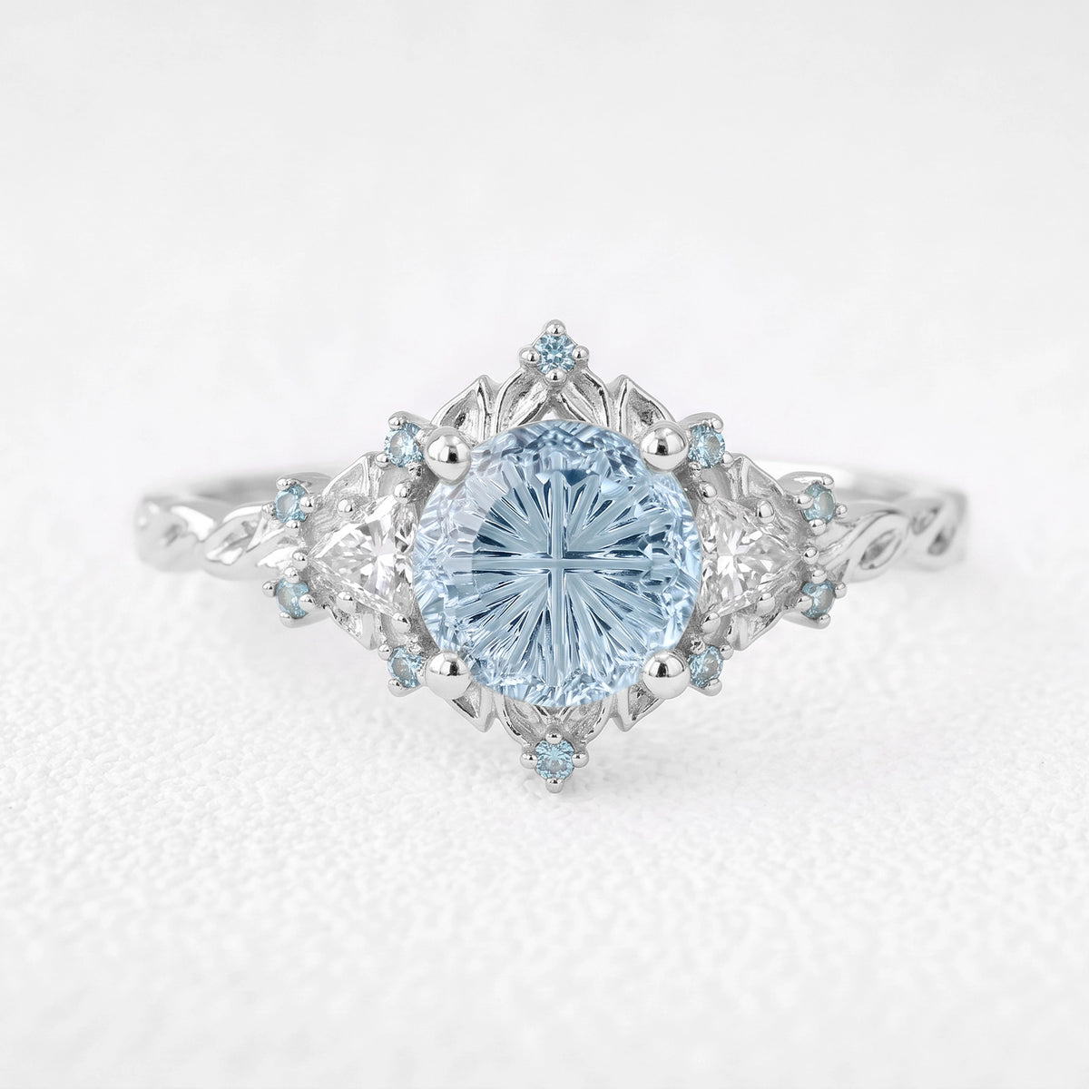 Galatea’s Gossamer | Fantasy-Cut Round Aquamarine Filigree Engagement Ring