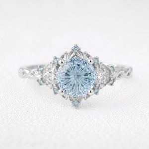Galatea’s Gossamer | Fantasy-Cut Round Aquamarine Filigree Engagement Ring