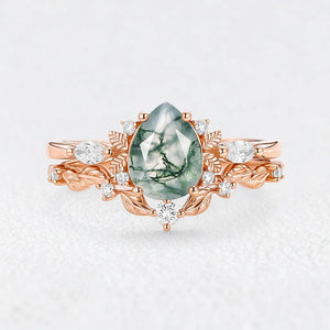 Aurora’s Fairy Bower | Pear Shaped Moss Agate Leafy Bridal Set 2pcs