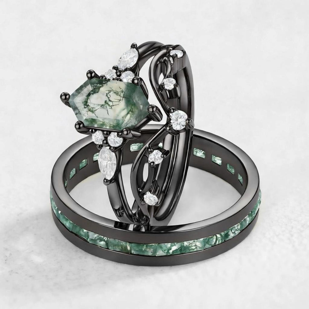 Maia’s Glade | Long Hexagon Moss Agate Leafy Couple Ring Set 3pcs.