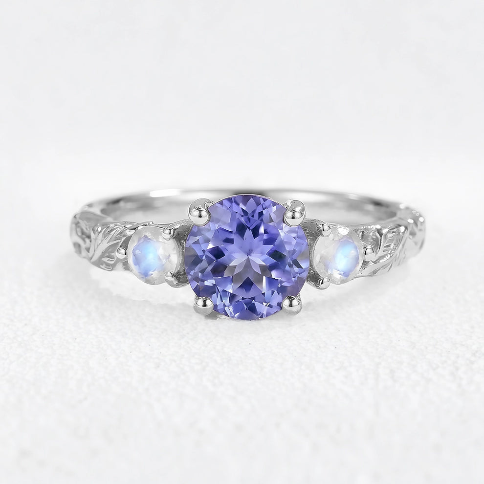 Selene’s Deep | Round Tanzanite & Moonstone Cluster Ring