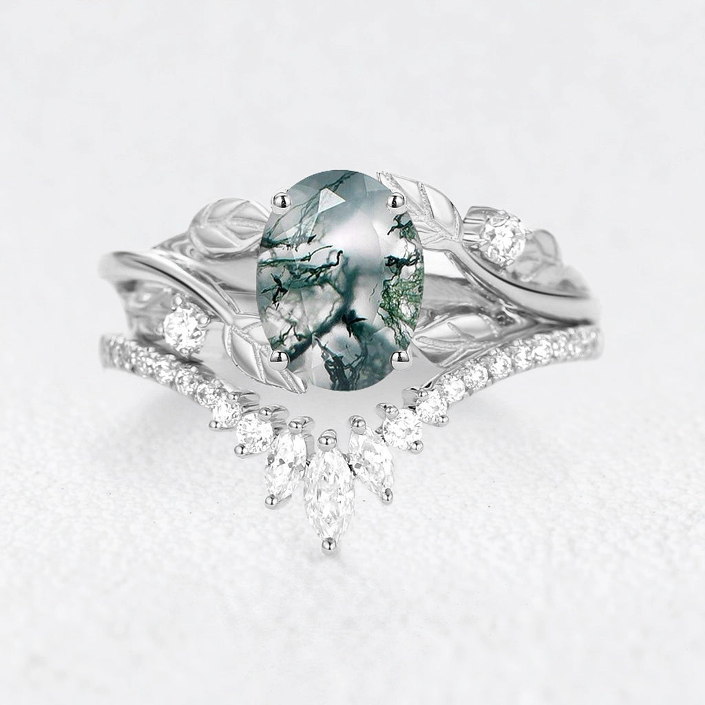 Sylvie’s Canopy | Oval Cut Moss Agate Leafy Bridal Set 2pcs