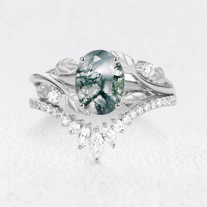 Sylvie’s Canopy | Oval Cut Moss Agate Leafy Bridal Set 2pcs