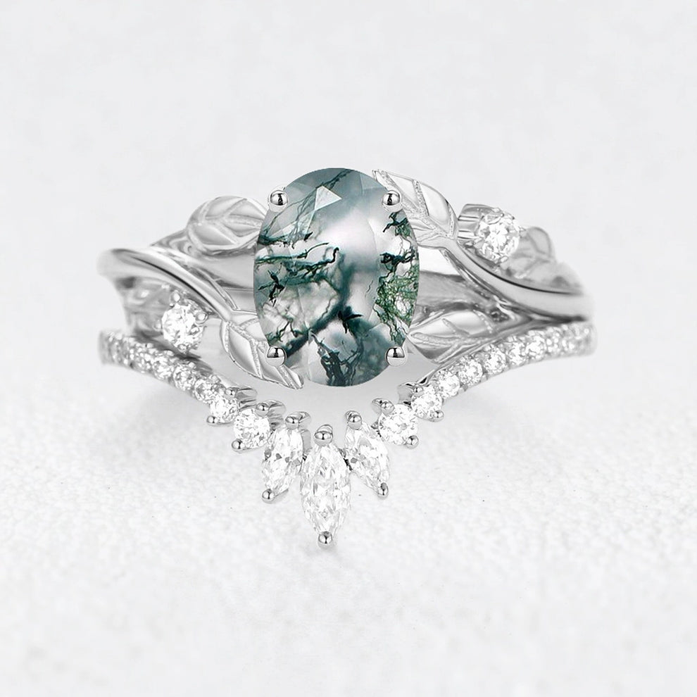 Sylvie’s Canopy | Oval Cut Moss Agate Leafy Bridal Set 2pcs