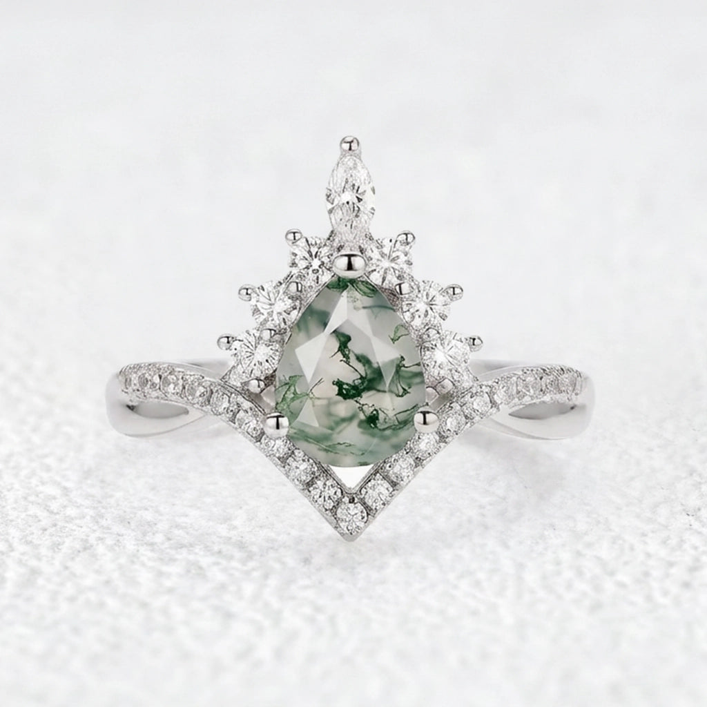 Isolde’s Whisper | Pear Moss Agate Vintage Engagement Ring.
