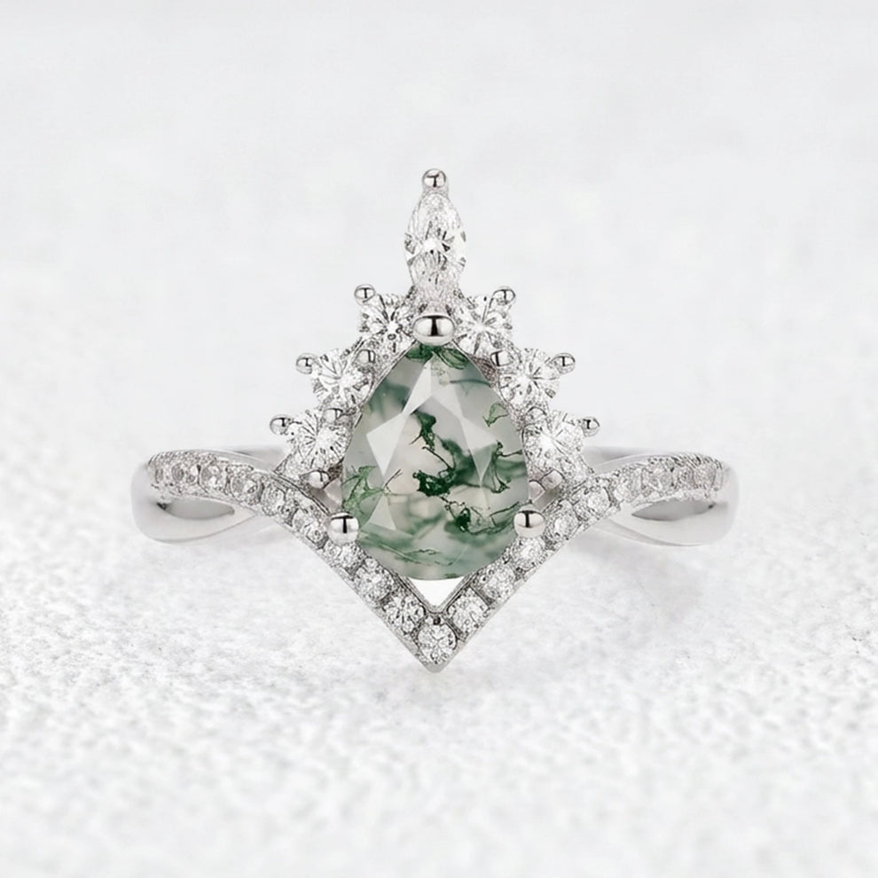 Isolde’s Whisper | Pear Moss Agate Vintage Engagement Ring.